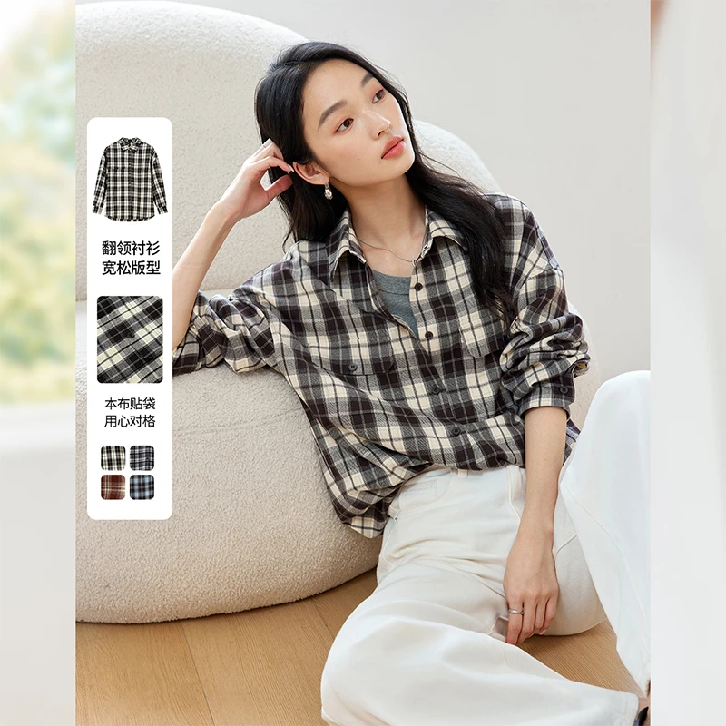 梵希蔓复古格子衬衫女长袖衬衣洋气宽松上衣M8937