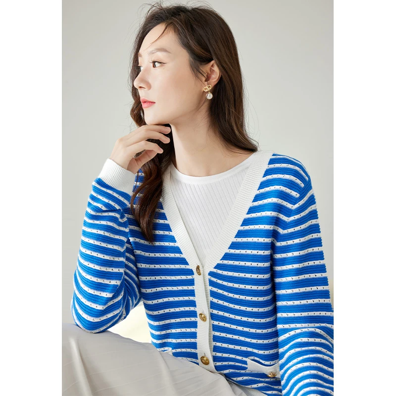 【小云总专属】梵希蔓条纹针织衫女V领小披肩镂空外搭开衫72109