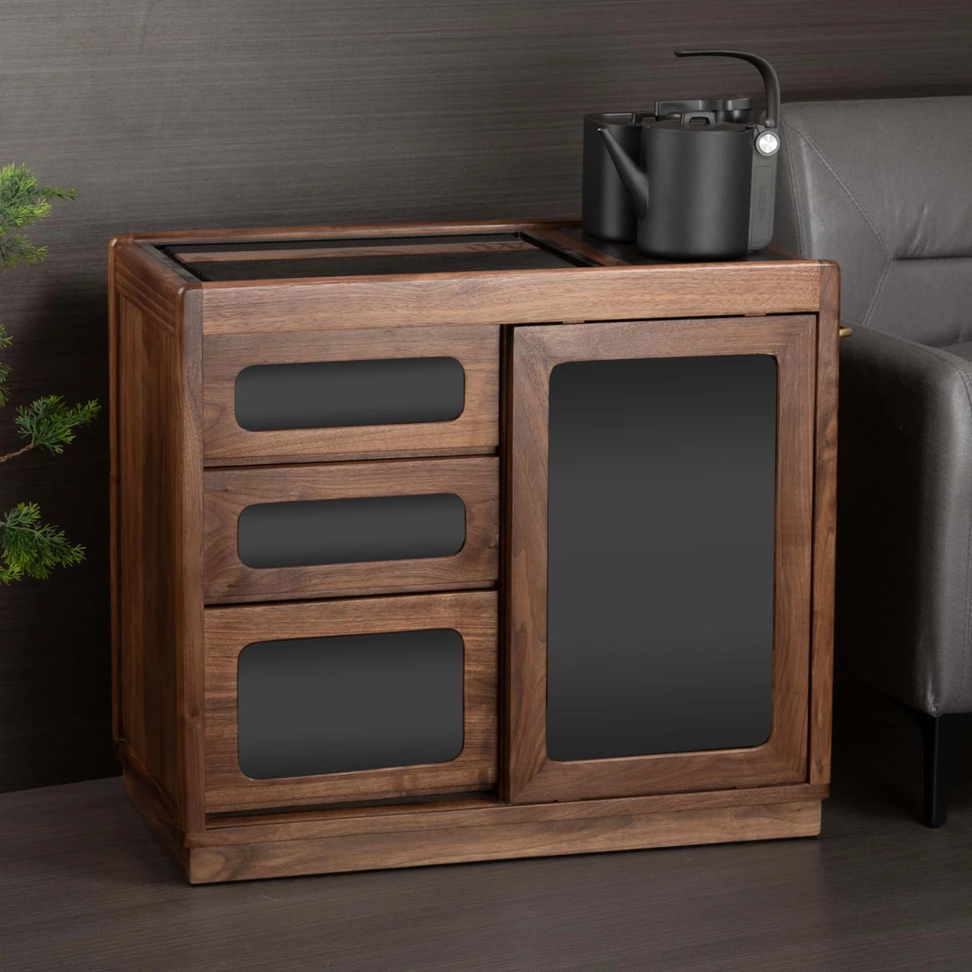 北美黑胡桃茶水柜茶台烧水壶一体功夫电木茶盘茶几移动茶车侧边柜