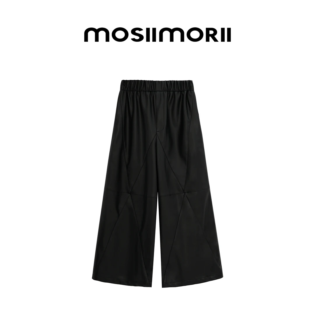 MOSIIMORII夏季经典时尚设计师复古宽松中腰休闲显瘦PU皮阔腿长裤