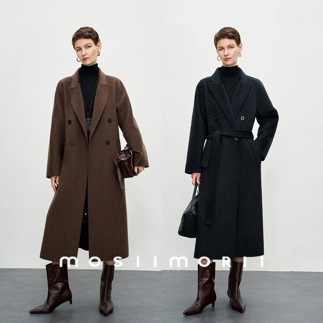 【赛琳娜】sy冬季时尚休闲宽松双面保暖羊毛中长款翻领秋冬大衣外套