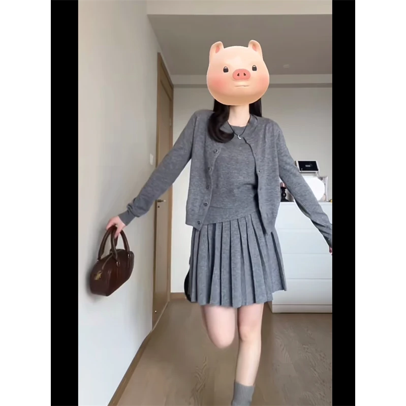 秋季一整套时尚套装女2024年新款学院风洋气百褶裙针织衫三件套潮