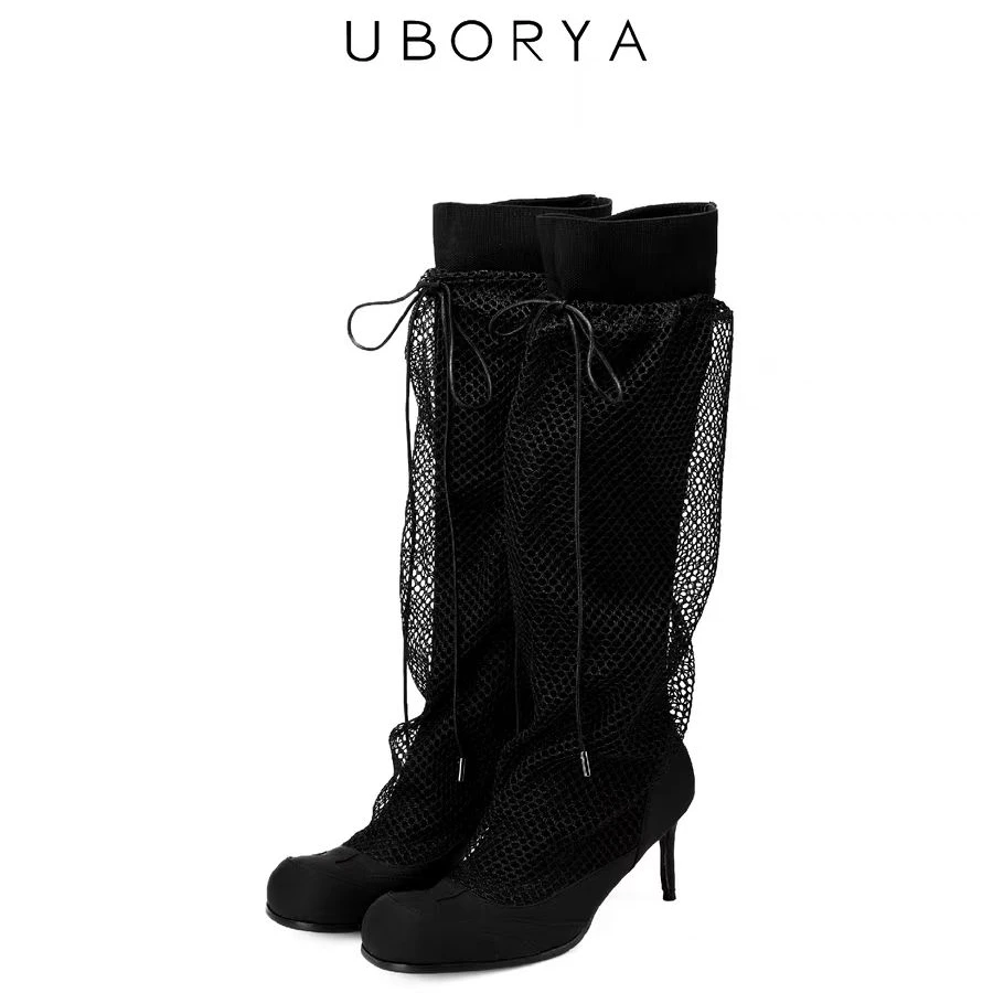 双十二UBORYA设计师原创高跟靴运动休闲网纱系带可调节百搭哑光黑