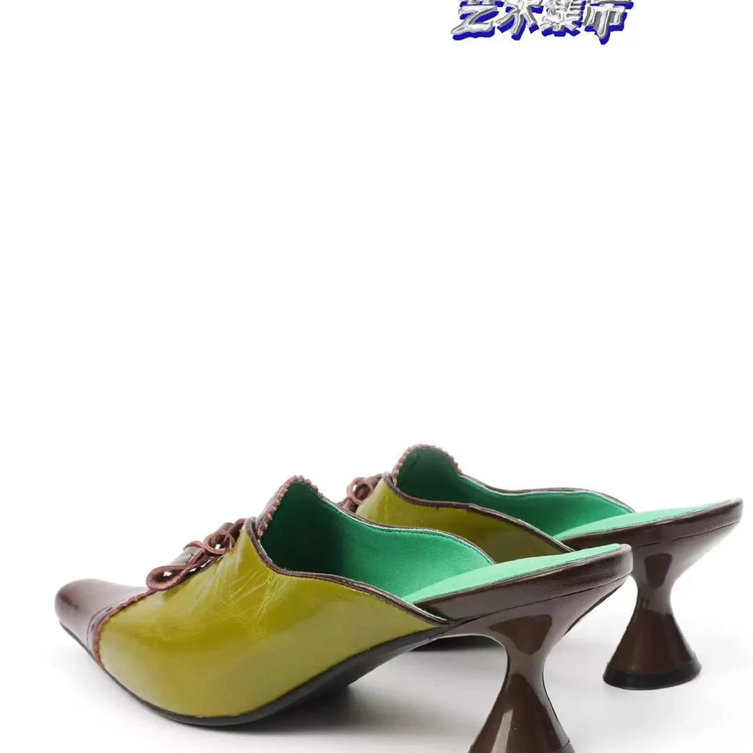 直播专属中古vintage小众油蜡牛皮橄榄绿色酒杯跟手工女凉拖鞋