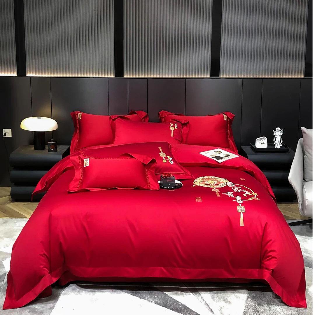 100S高支高密双面全棉长绒棉婚庆床上用品四件套重工刺绣简约