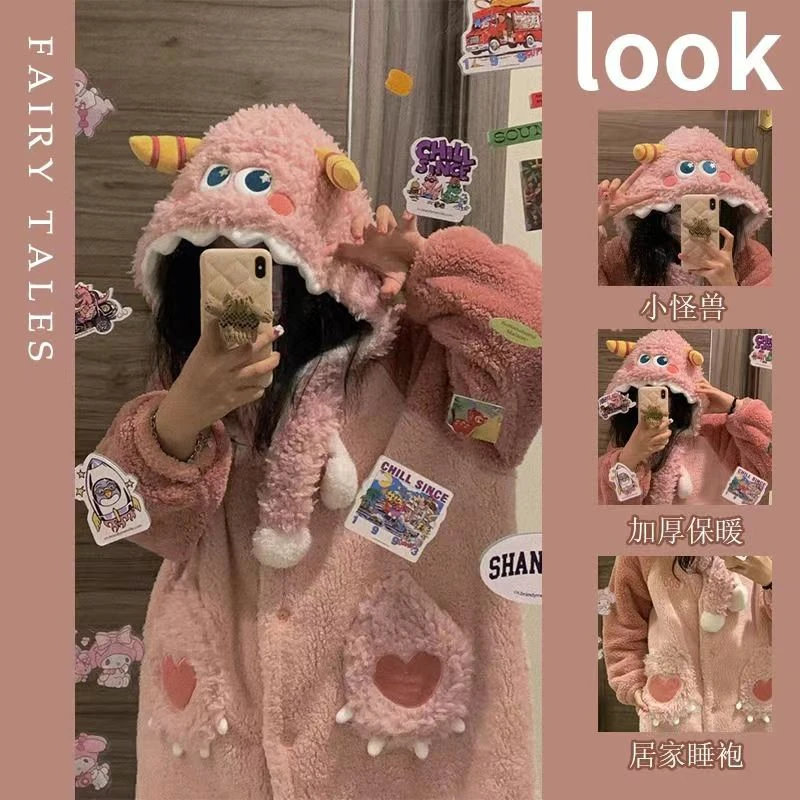 小怪兽珊瑚绒睡衣女冬季加绒加厚家居服套装可爱卡通秋冬情侣睡袍