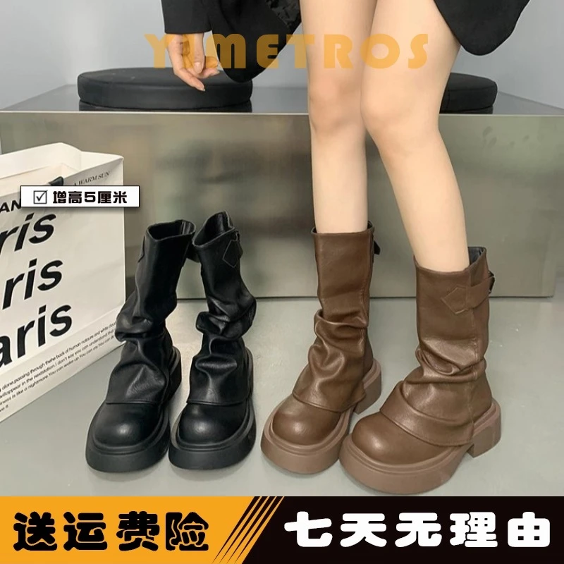粗跟中筒棕色复古厚底马丁靴女款圆头新款春秋英伦风炸街裤管靴子