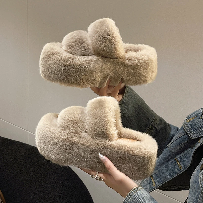 网红小个子百搭毛茸茸超时尚松糕厚底拖鞋女居家毛毛鞋拖鞋6厘米