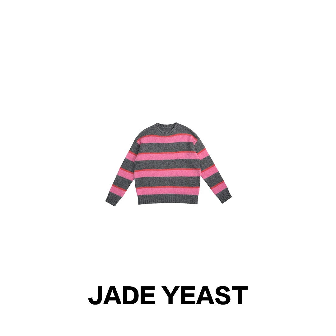 JADE YEAST|"霓彩暖冬"粉色横条宽松绵柔圆领长袖针织衫-52530
