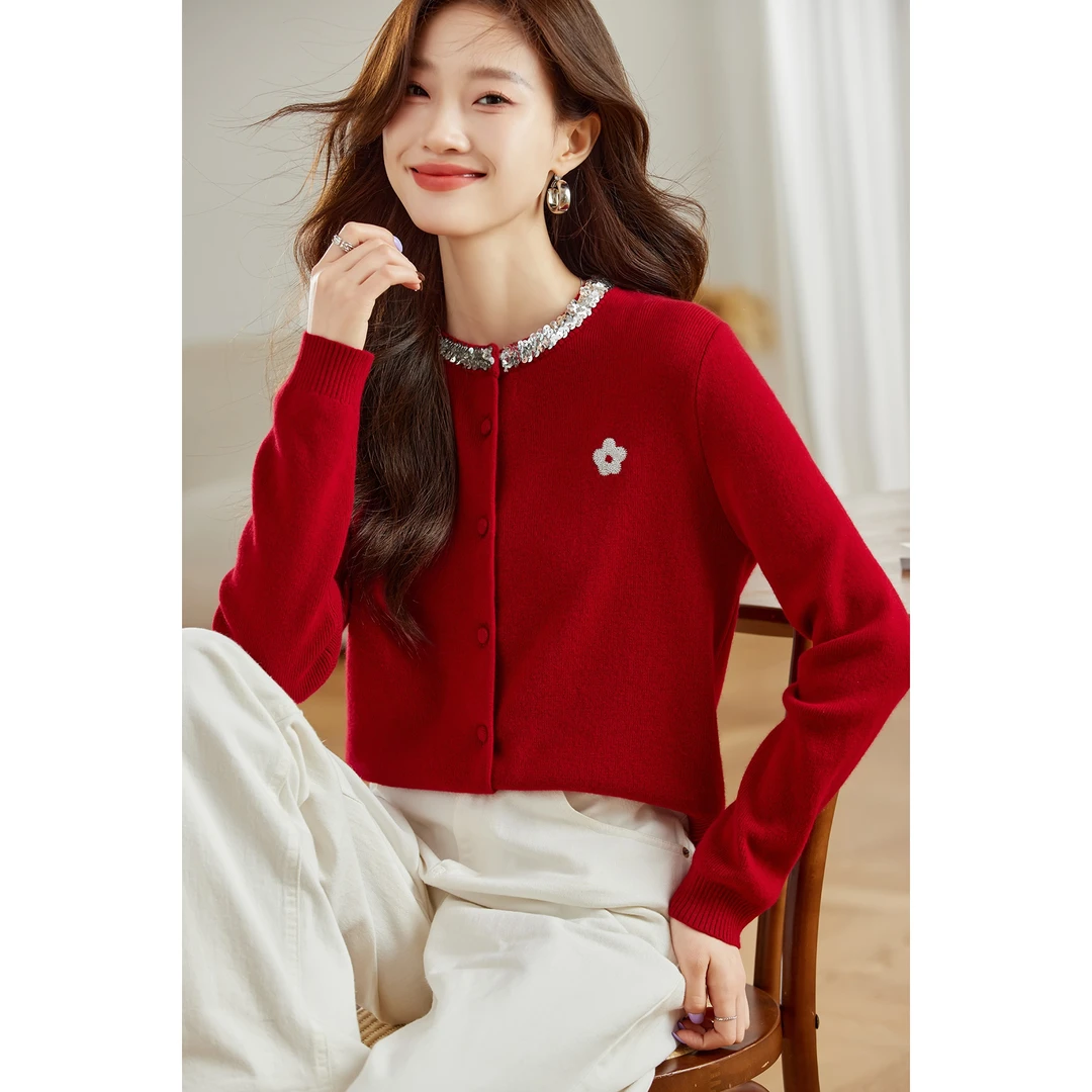 专柜捡漏设计亮片领口纯花朵刺绣针织开衫女毛衣外套