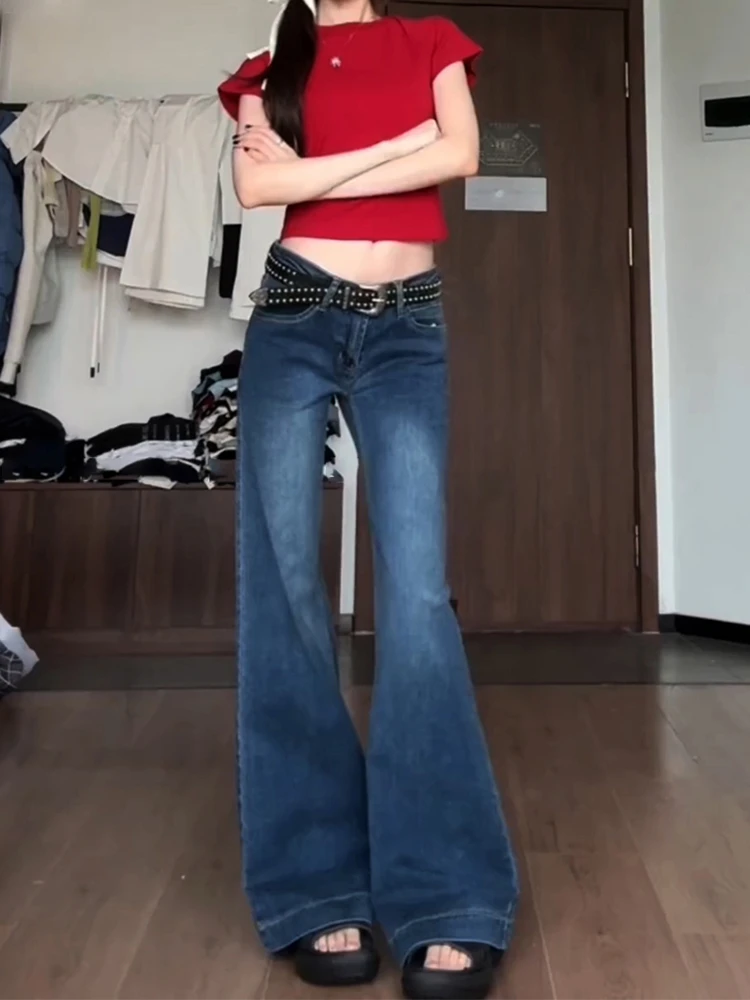 大码美式辣妹复古微喇叭牛仔裤女夏季新款深蓝色显瘦直筒拖地裤子