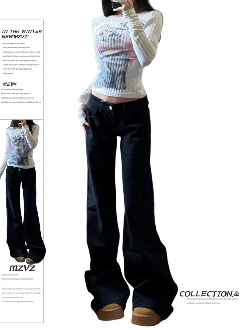 大码美式低腰微喇牛仔裤女秋冬季马蹄喇叭裤2024新款百搭阔腿裤子