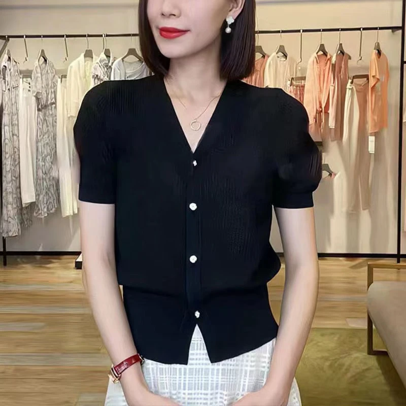 冰丝针织开衫女装夏季2024新款V领短款收腰显瘦外套T恤上衣薄款