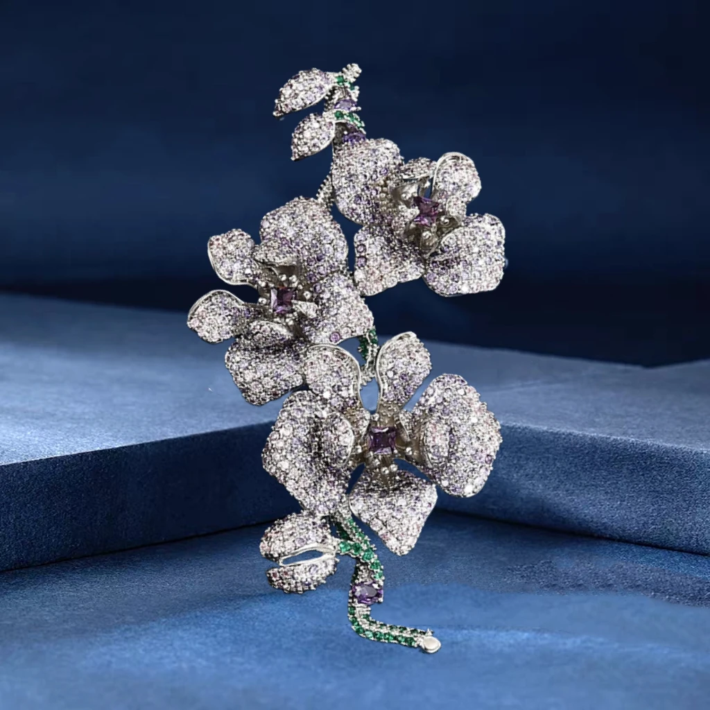 铜合成锆石胸针 大号重工紫色山茶花胸针奢华气质大衣女西装配饰