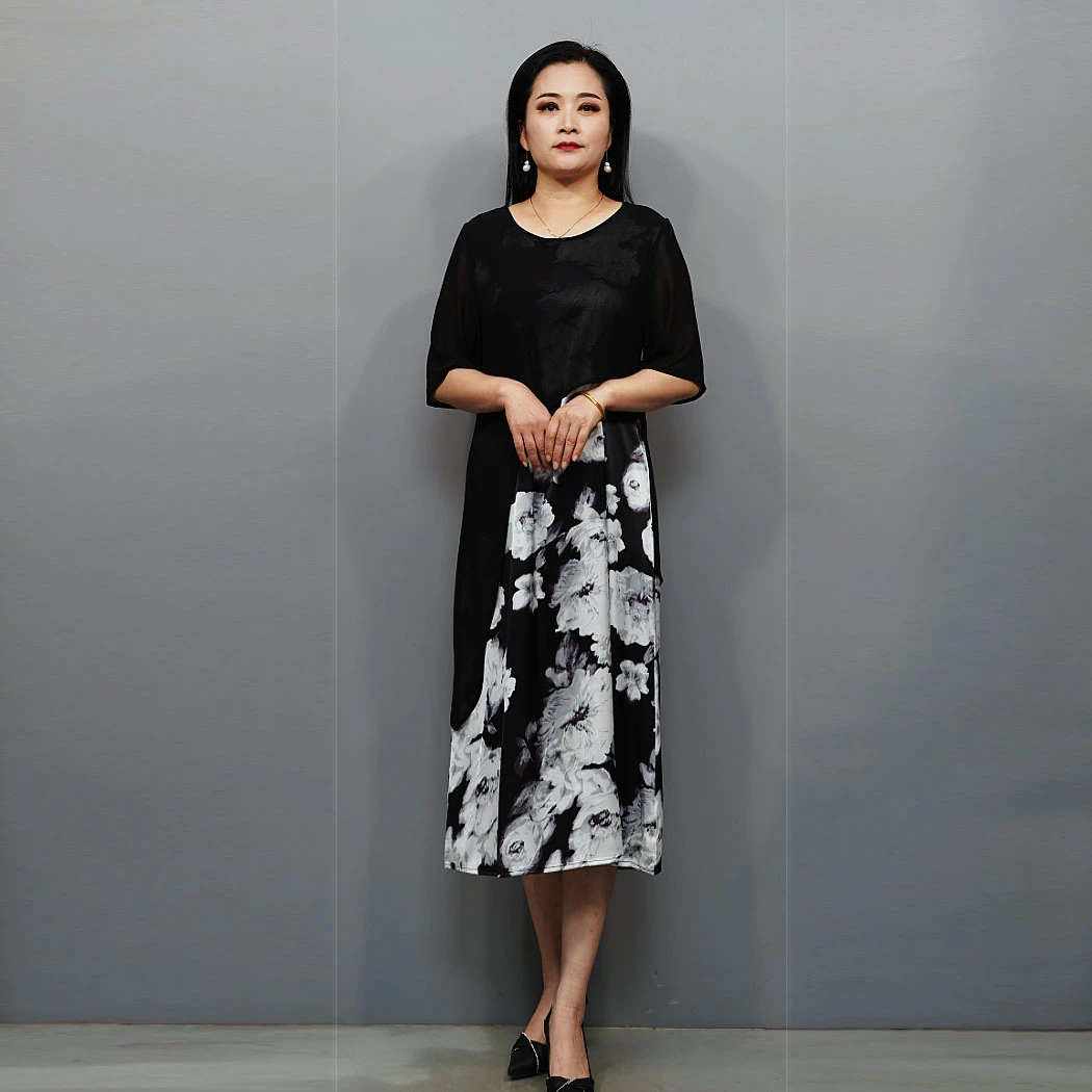 时尚气质夏季上新中长款圆领印花宽松显瘦遮肉优雅妈妈装连衣裙69