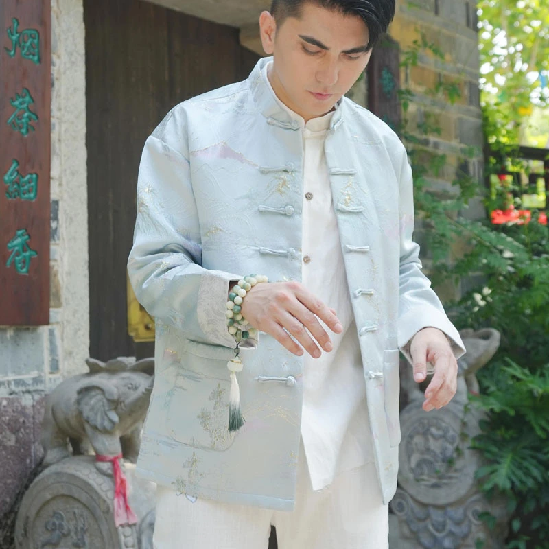 唐装男秋季中国风中青年男款时尚提花国潮外套男手工中式改良盘扣