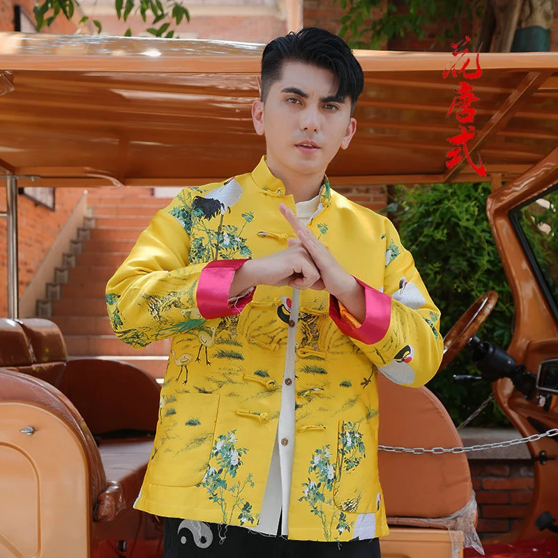 中国风男装春秋新款中式复古仙鹤重工刺绣改良外套青年唐装上衣男