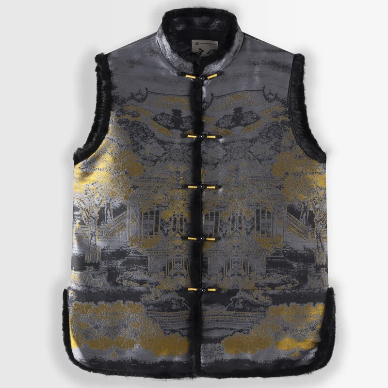 玄笙秋冬中国风男装唐装男加厚水貂领烫金提花马甲新中式盘扣坎肩