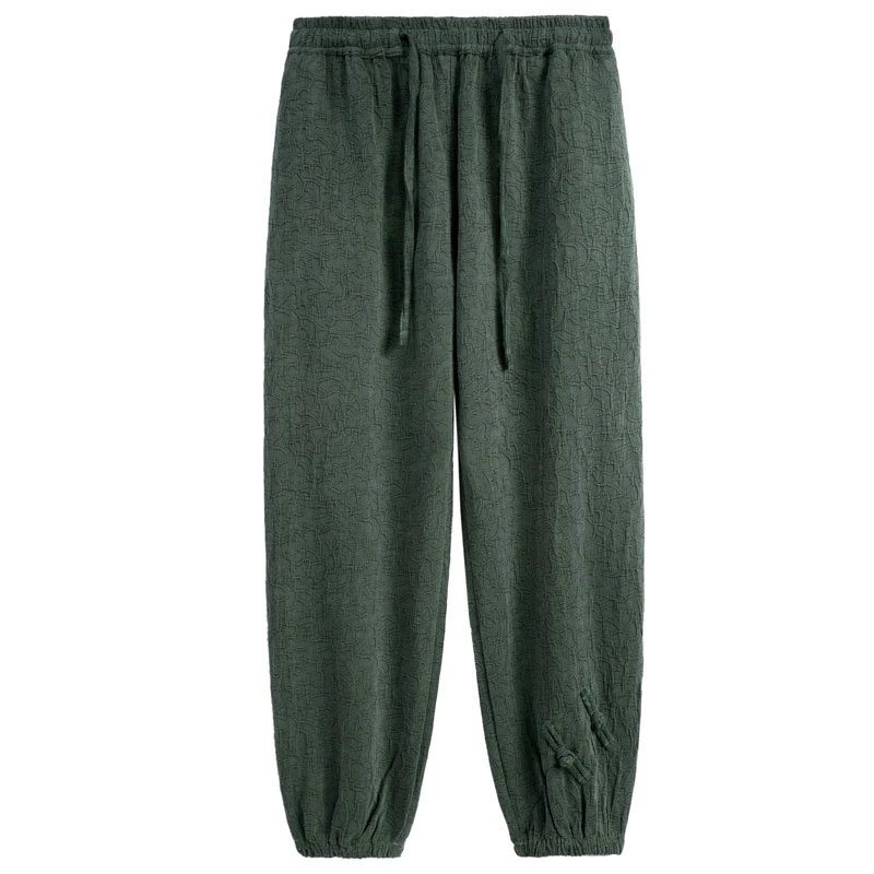 秋季棉麻提花长裤男宽松束脚休闲裤男松紧腰中国风麻料哈伦裤子男