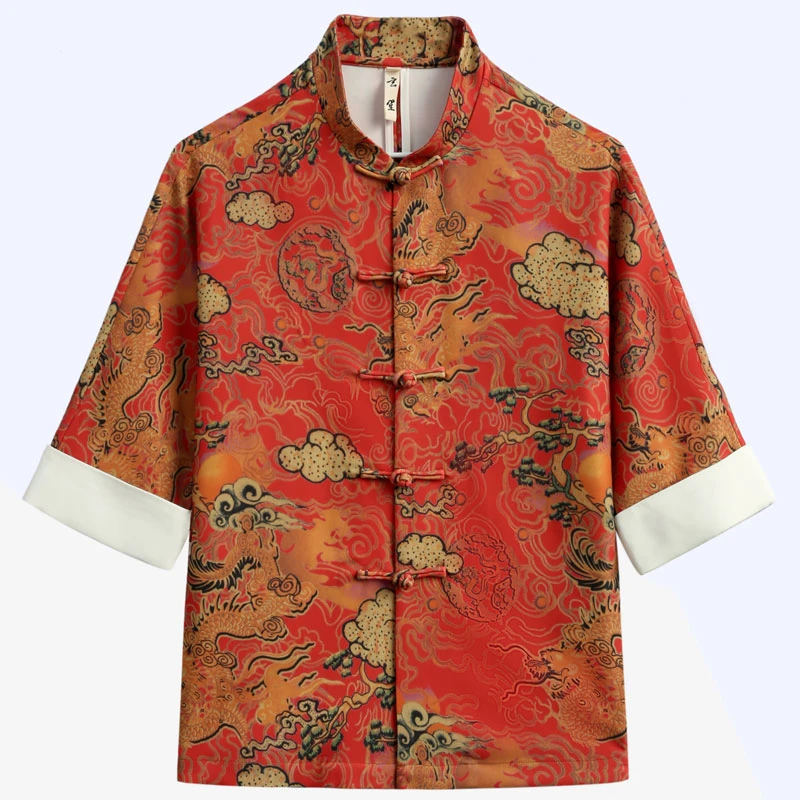 夏季唐装男中式改良手工盘扣七分袖上衣男士中袖国潮印花衬衫男