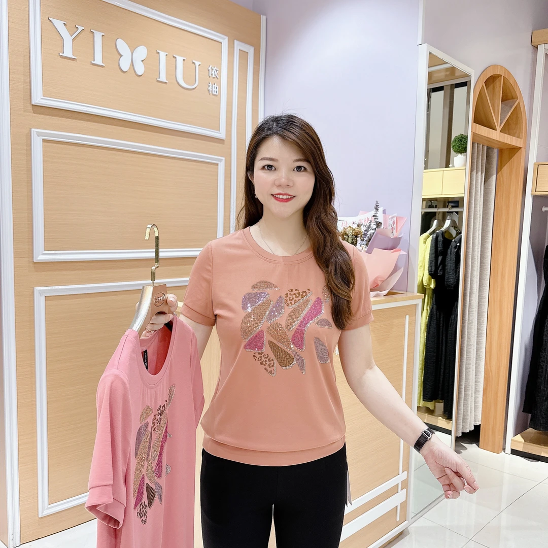 高档上衣6-3719夏季圆领舒适洋气遮肉显瘦短袖上衣T恤