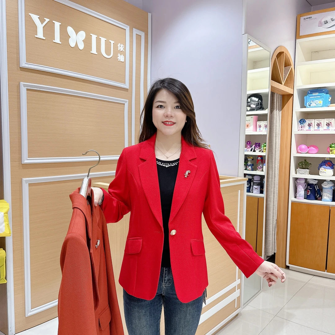 高档西装外套6-24655女秋冬季气质显瘦喜庆红色长袖西装外套
