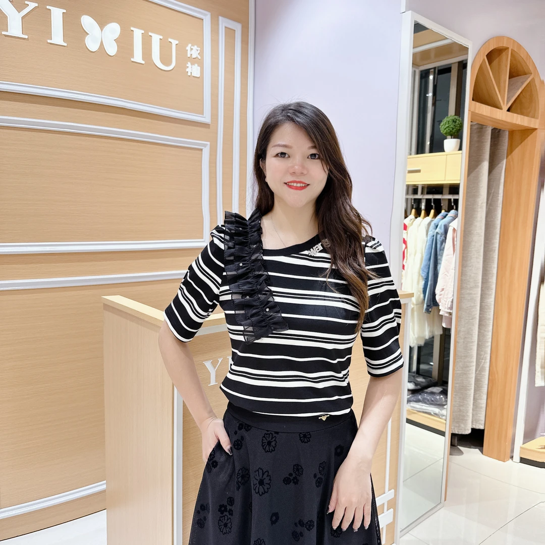 女士5-8811南韩领时尚小众条纹显瘦五分袖T恤气质上衣