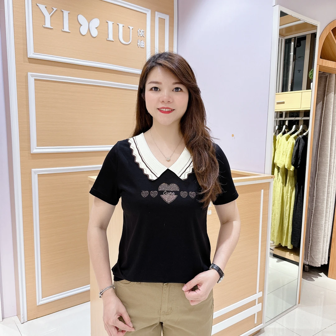 女士高档南韩上衣6-5236夏季蝴蝶领时尚品质短袖上衣T恤