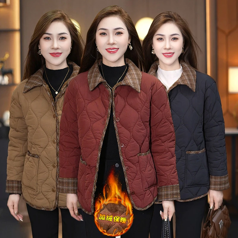 2024秋冬新款时尚轻薄棉衣休闲棉服短款妈妈拼接保暖棉袄外套