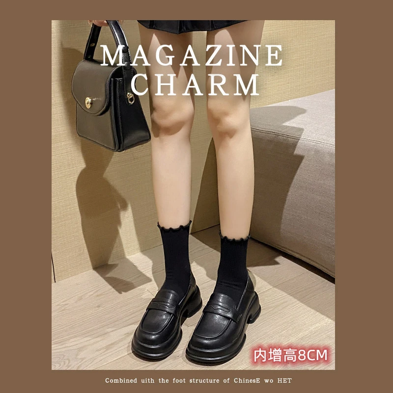 32-39码内增高曼哈顿二代~圆头松糕厚底粗跟高跟乐福鞋单鞋小皮鞋