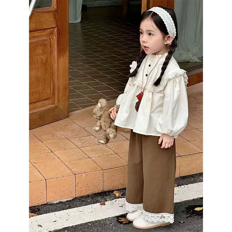 女童秋装2025新款洋气时髦套装韩版儿童蕾丝花边上衣女宝宝两件套