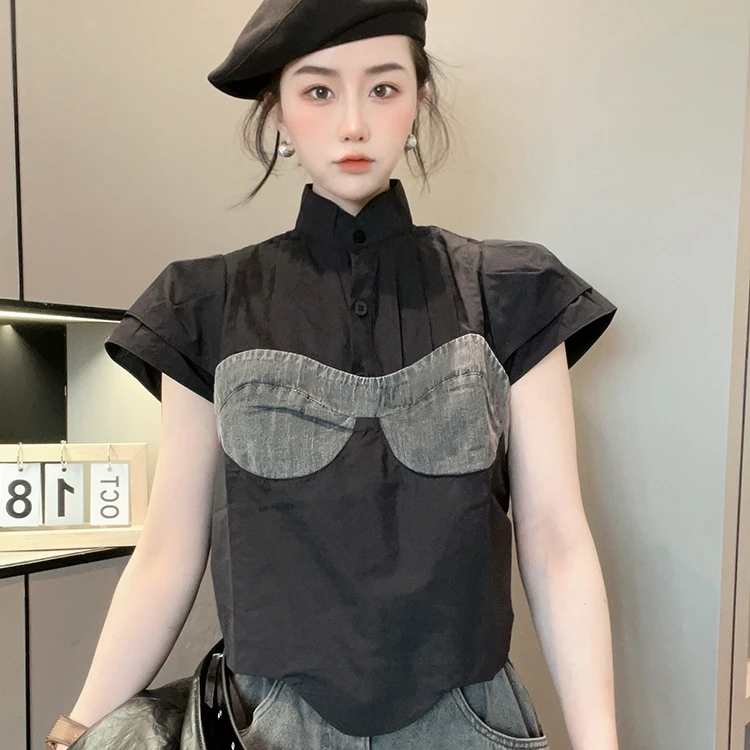 拼接牛仔T恤女2025夏季新款收腰显瘦设计感短袖衬衫潮流时尚衬衣