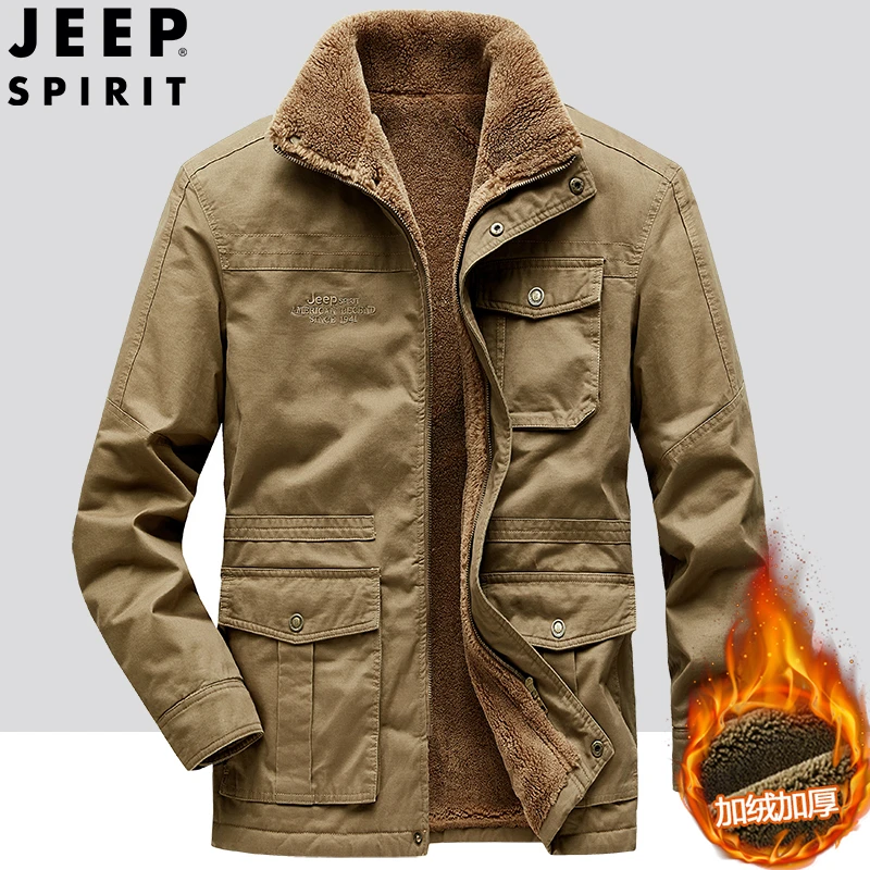 JEEPspirit吉普秋冬季加绒保暖棉衣男士工装中长款纯棉军大衣外套