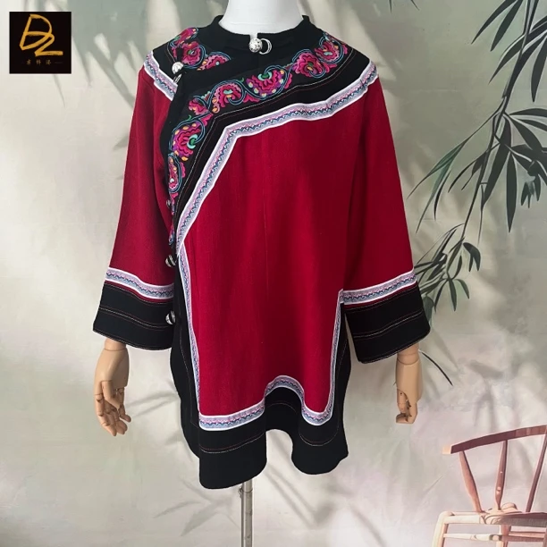 彝饰港民族风经典款短款上衣酒红色棉麻