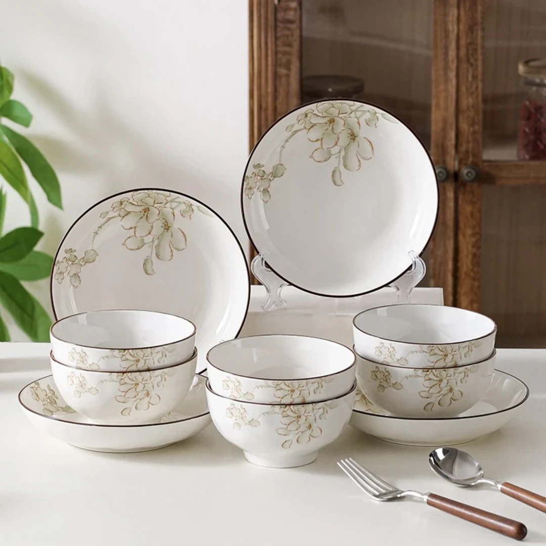 【陶园春】玉兰飘香10件套中式家用陶瓷釉下彩创意碗盘餐具套装