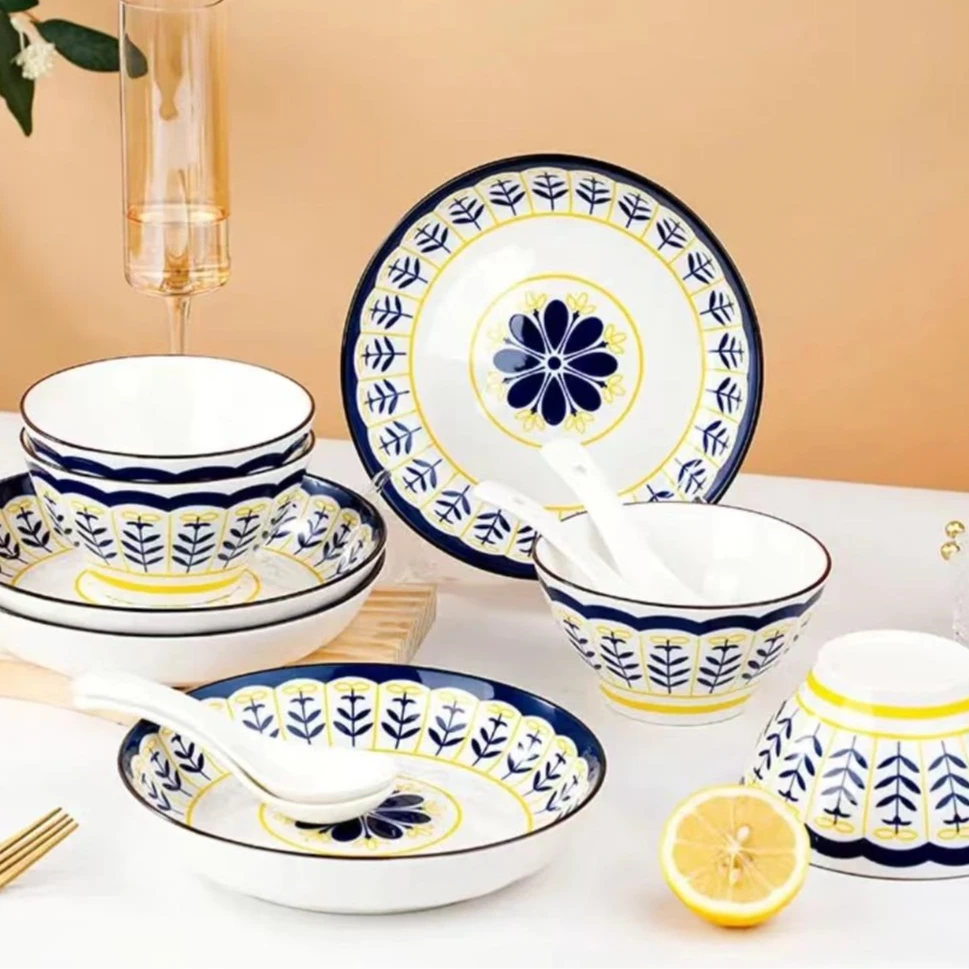 陶园春北欧兰花10件套中式家用高温陶瓷釉下彩碗盘餐具套装