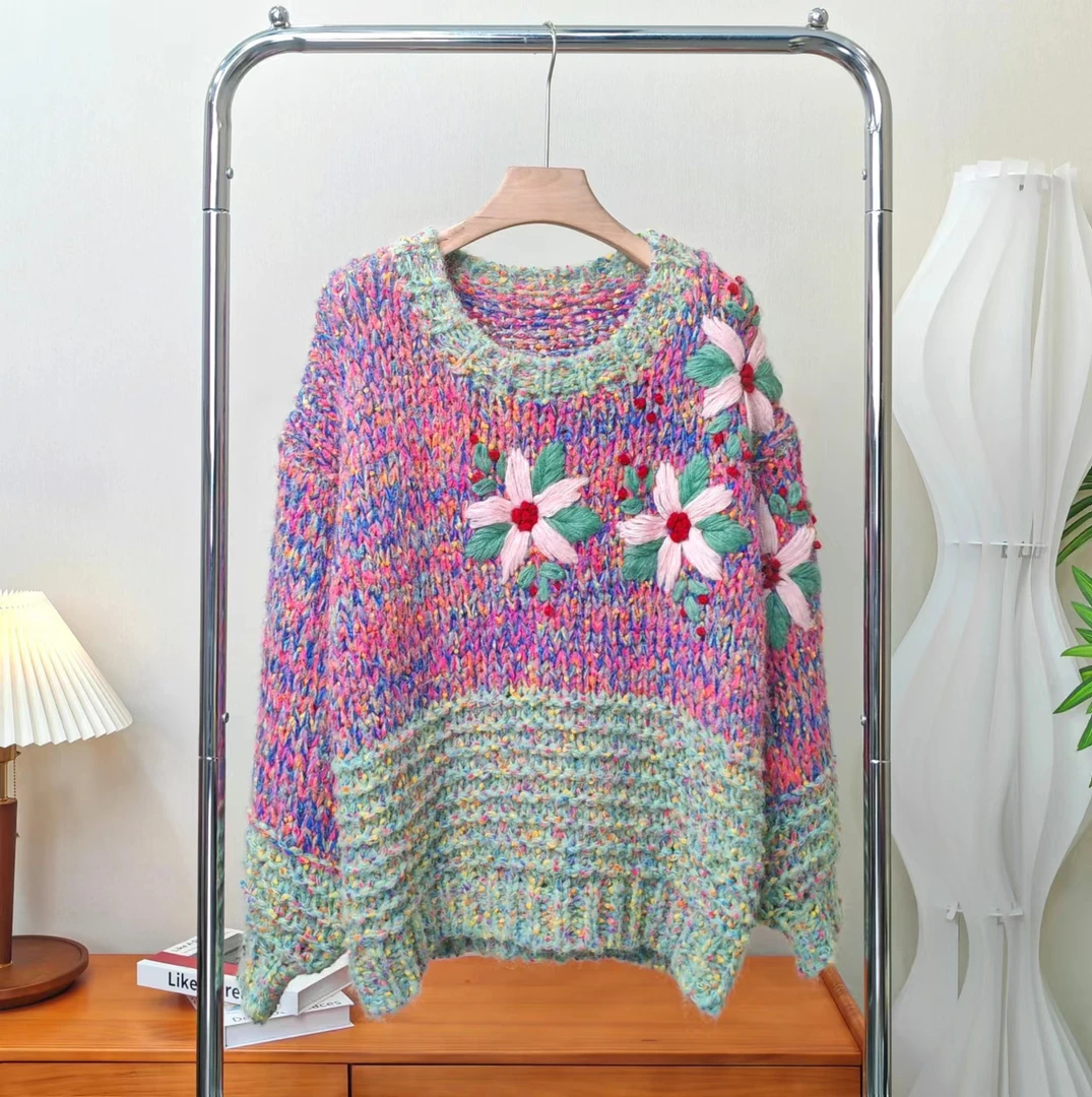 【琉璃丁香】彩色花朵刺绣设计感圆领套头毛衣针织衫长袖上衣.Y7223