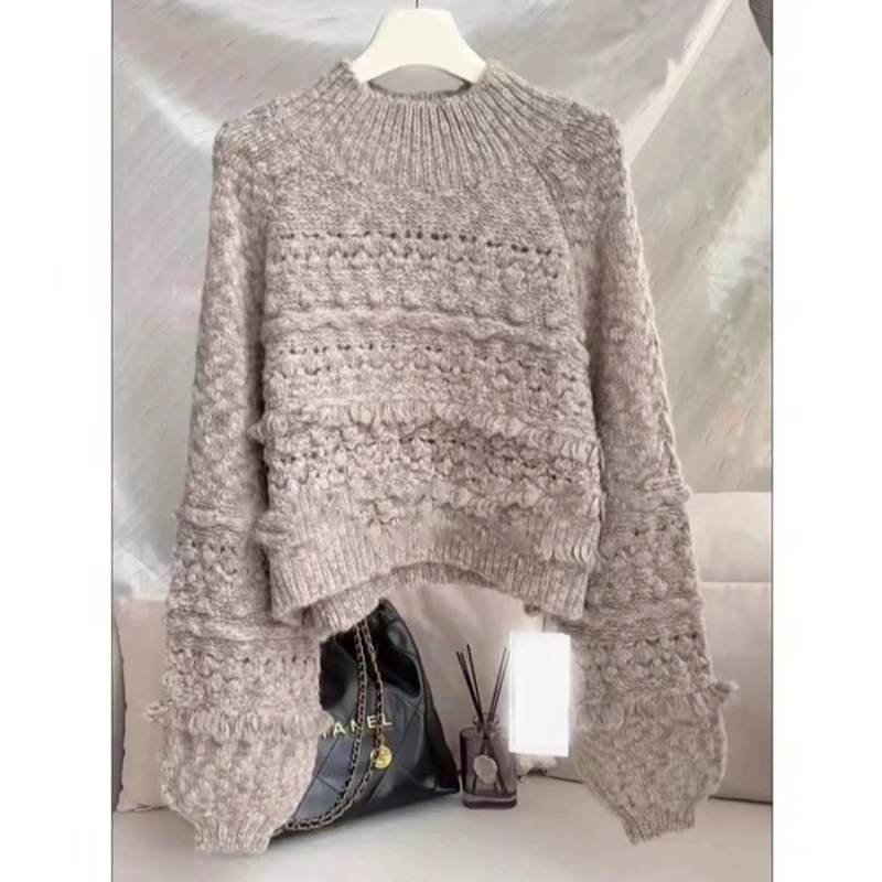 【雾凇见木】立体钩花镂空套头毛衣女短款针织衫秋冬洋气上衣.Y7466