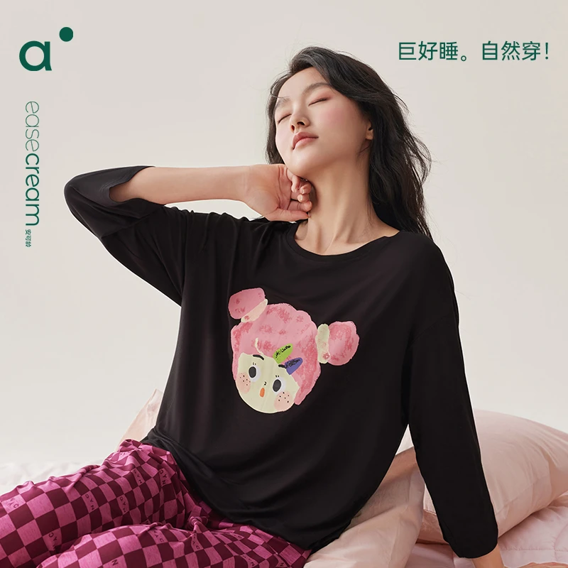 安之伴卡通印花睡衣女套装纯棉家居服春秋款82411721767宽松套头