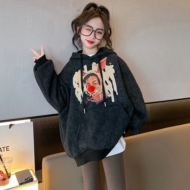 女童加绒卫衣秋冬2023新款洋气打底衫女大童加厚保暖儿童连帽上衣
