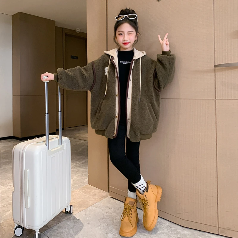女童加厚外套秋冬装2023新款中大童连帽洋气夹棉冬装女孩毛毛衣