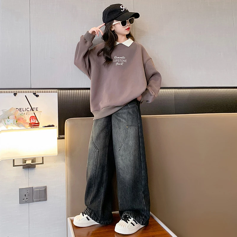 女童加绒卫衣秋冬款2023新款冬装女大童洋气加厚牛仔阔腿裤两件套