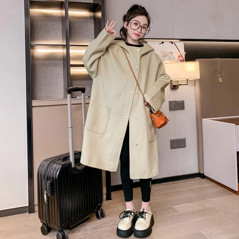 女童毛呢大衣秋冬2023新款儿童洋气时髦韩系中长款中大童风衣外套