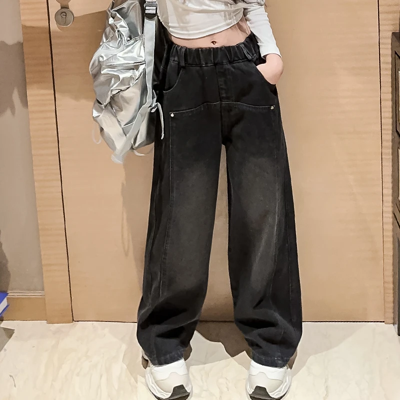 女童加绒牛仔裤秋冬装2023新款洋气女大童直筒阔腿裤儿童秋冬裤子