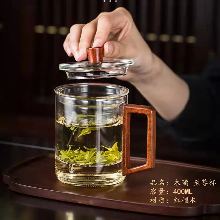 鑫凤祥三件杯茶水分离泡茶杯透明木把办公杯木盖加厚玻璃耐热水杯