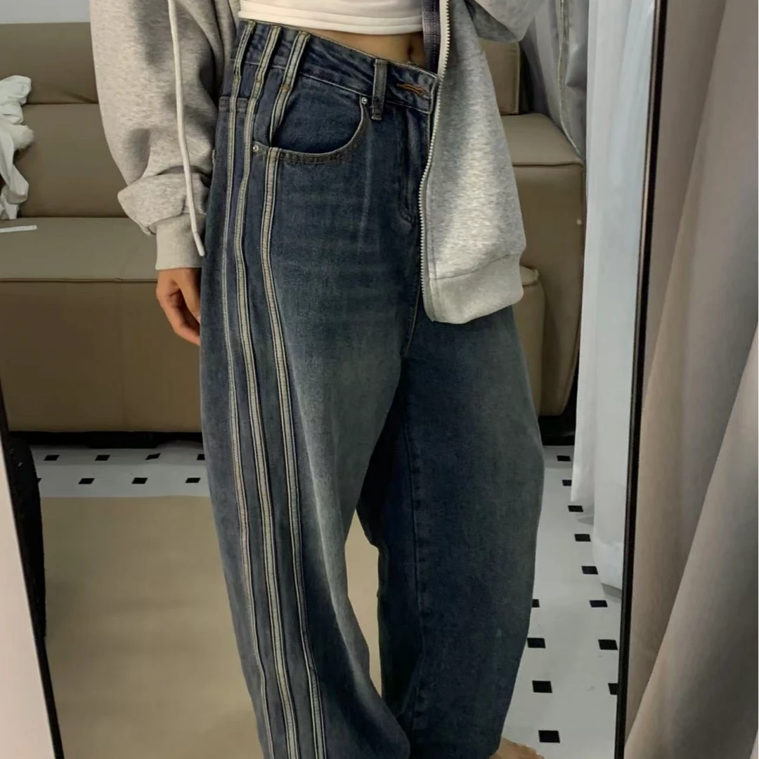 所意美式复古做旧高街侧条纹宽松拖地百搭休闲阔腿裤牛仔裤女潮