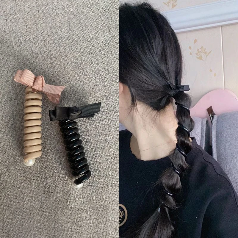 气质蝴蝶结辫编发头绳女蝴蝶结直条电话线发圈扎高马尾发绳皮筋