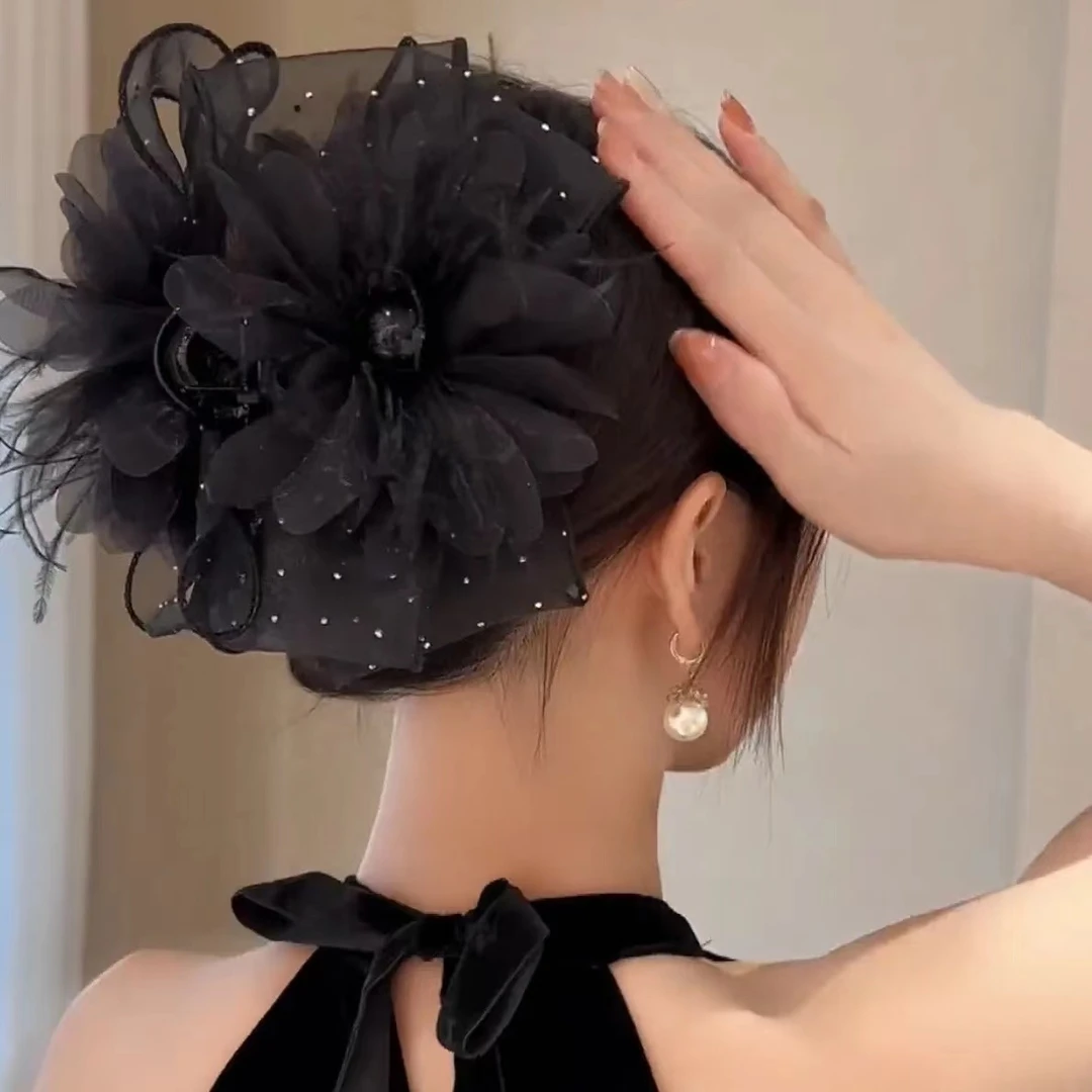 满天星大花羽毛抓夹夸张增发量发夹高级感鲨鱼夹发饰发夹头饰