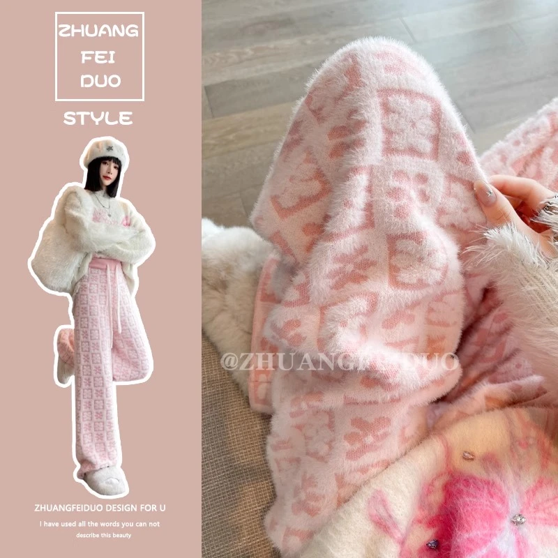 加厚保暖软fufu的针织裤女秋冬款毛绒休闲直筒裤抽绳松紧腰拖地裤