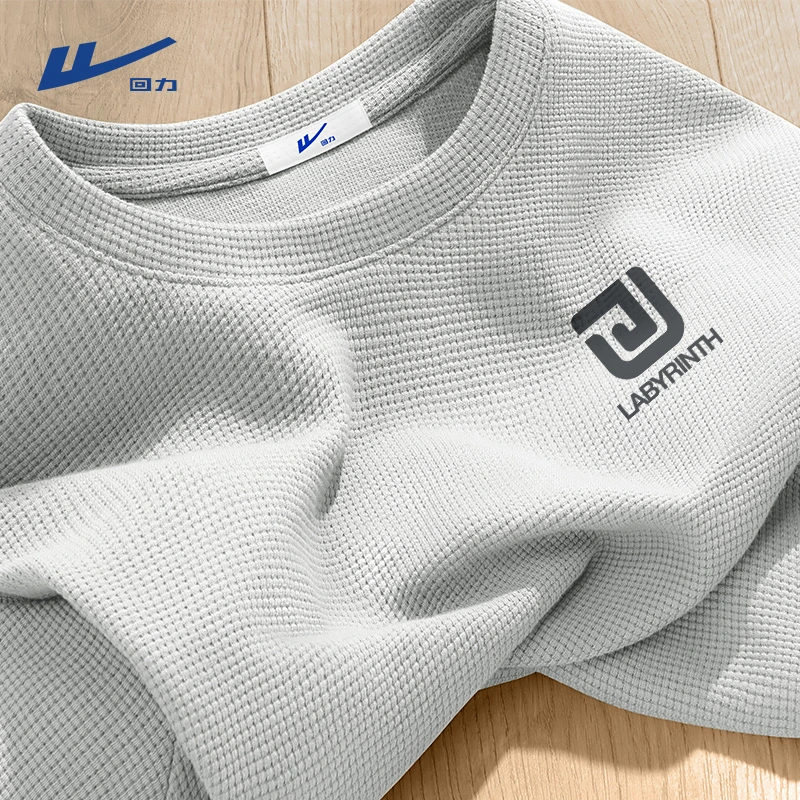 回力长袖t恤男220G重磅华夫格男士内搭打底衫宽松耐磨灰色上衣潮